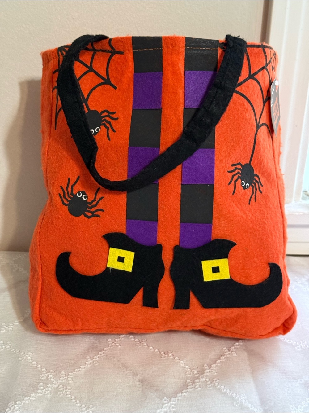 Kids Orange Halloween Witch Tote Bag with Purple Stripe Legs